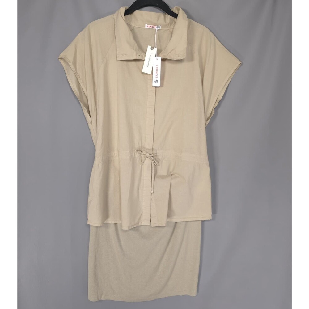 ANTHROPOLOGIE SUNDRY Women's New Mini Dress Beige LARGE 100% Cotton USA MADE